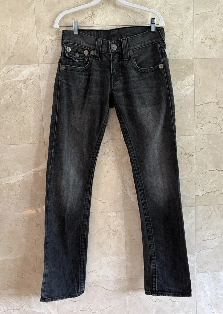 True Religion Men’s Jeans Straight — 28 Black Faded, Made In USA, World Tour